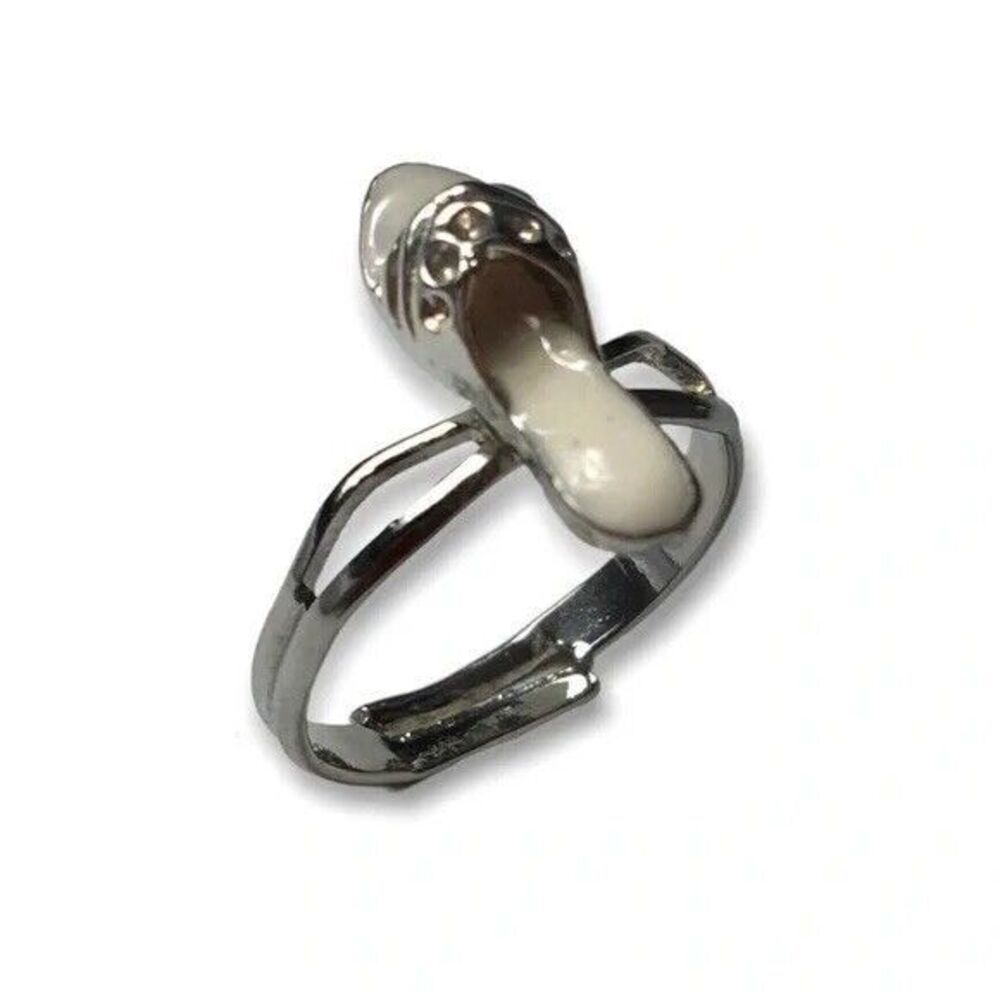 Cinderella Slipper Ring Adjustable Size 6.75 Silver Tone White Enamel